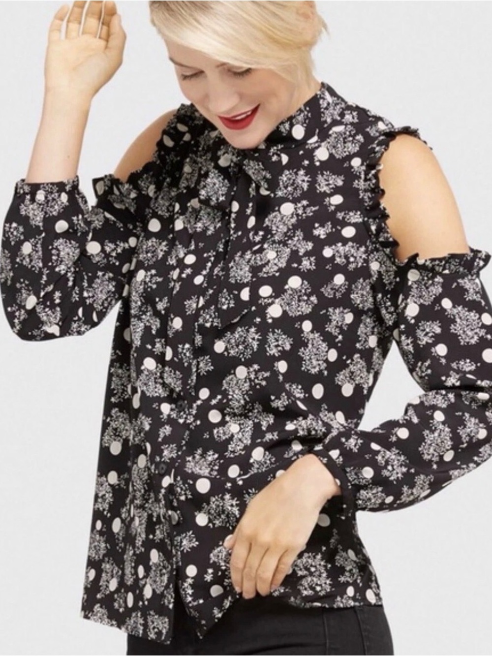 Draper James Winter Dot Cold Shoulder Blouse Top 0 Women's Black White 653